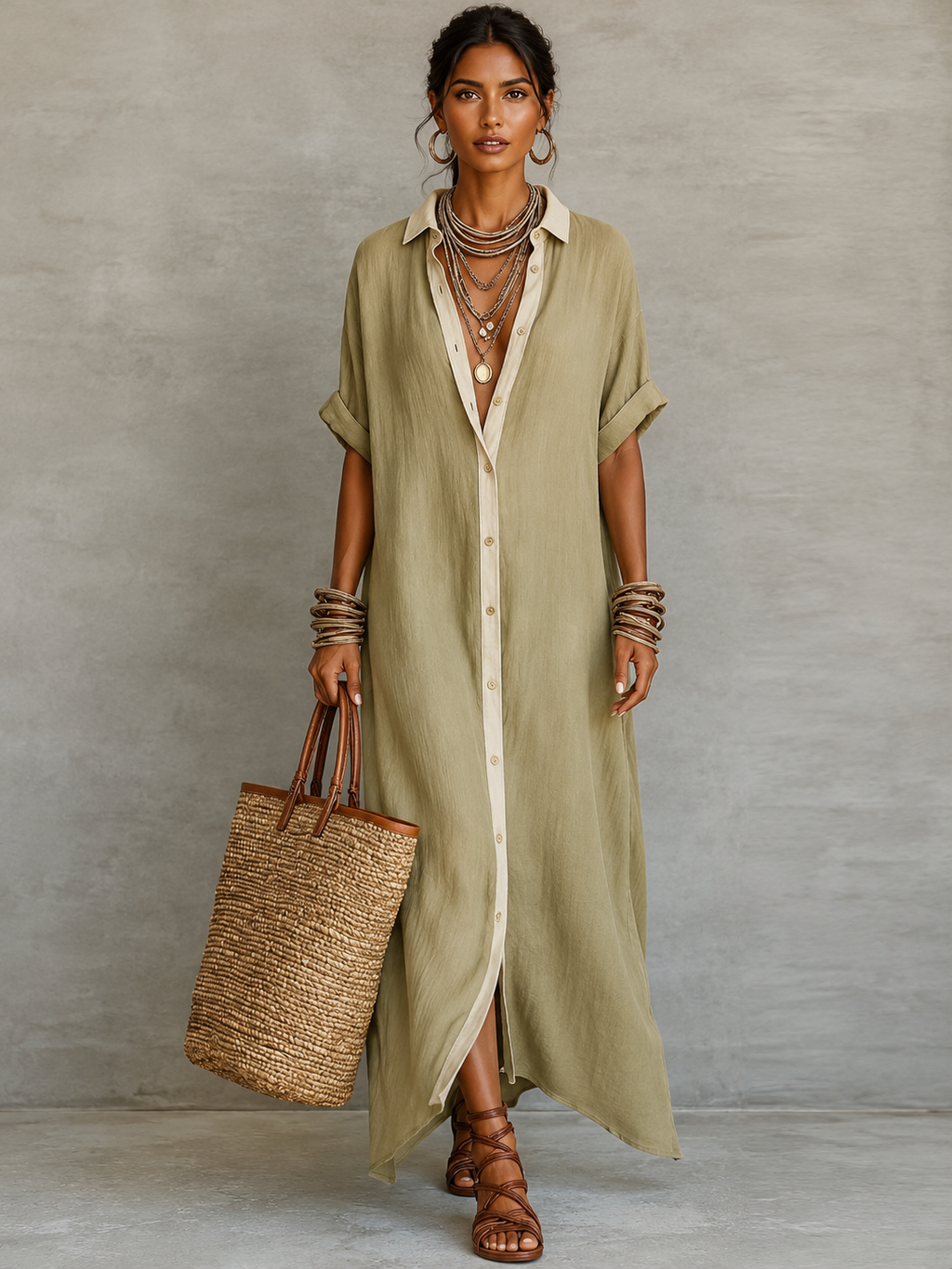 Robe Chemise Longue en Lin Mélangé