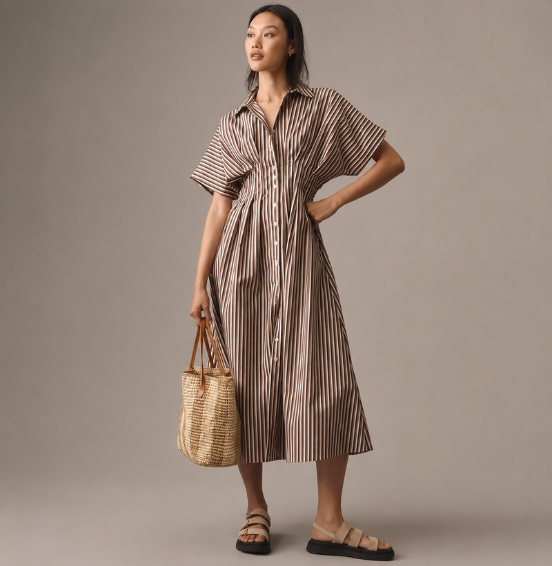 Robe Chemise Rayée Mi-Longue