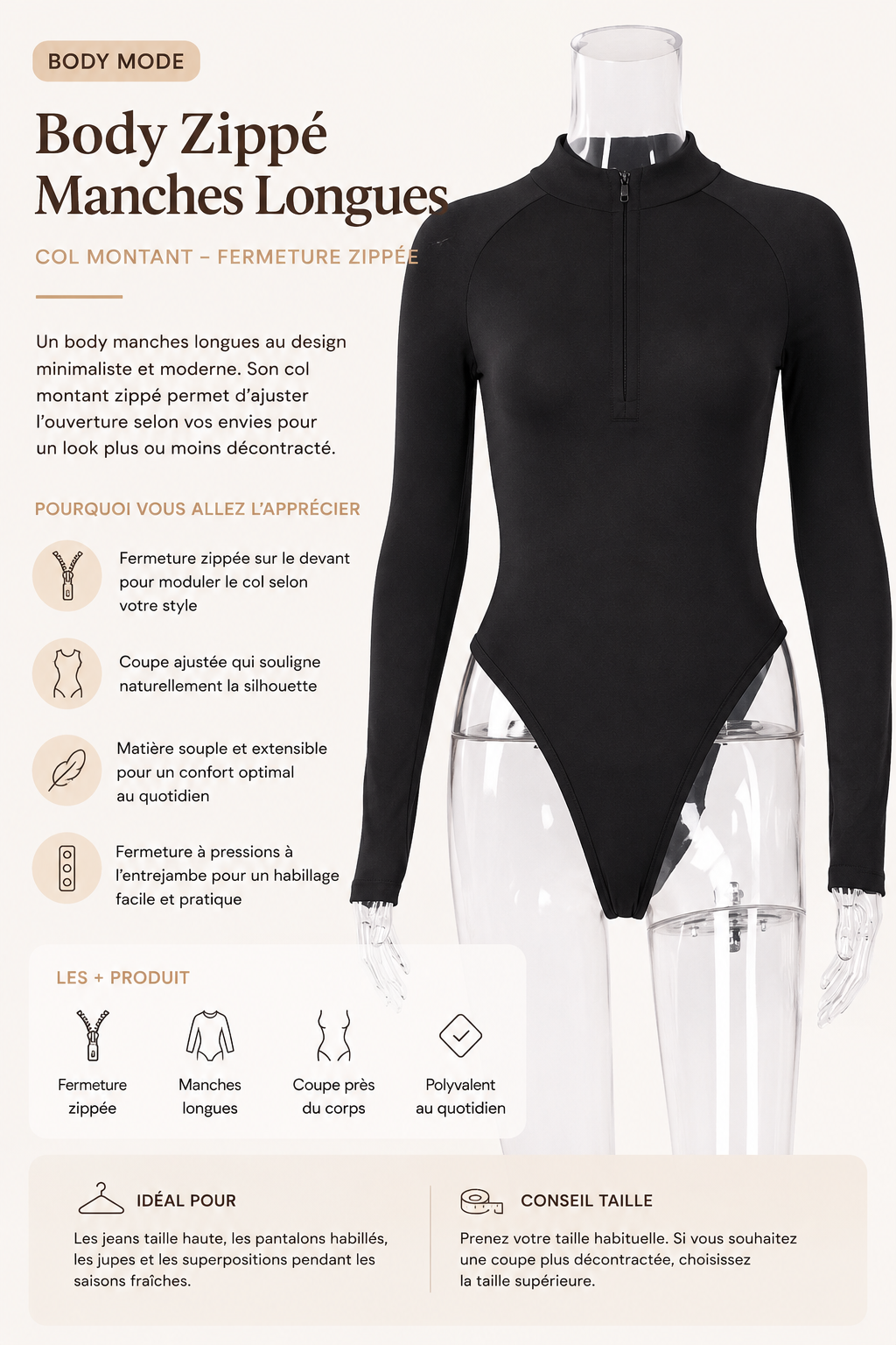 Body Zippé Manches Longues | Col Modulable