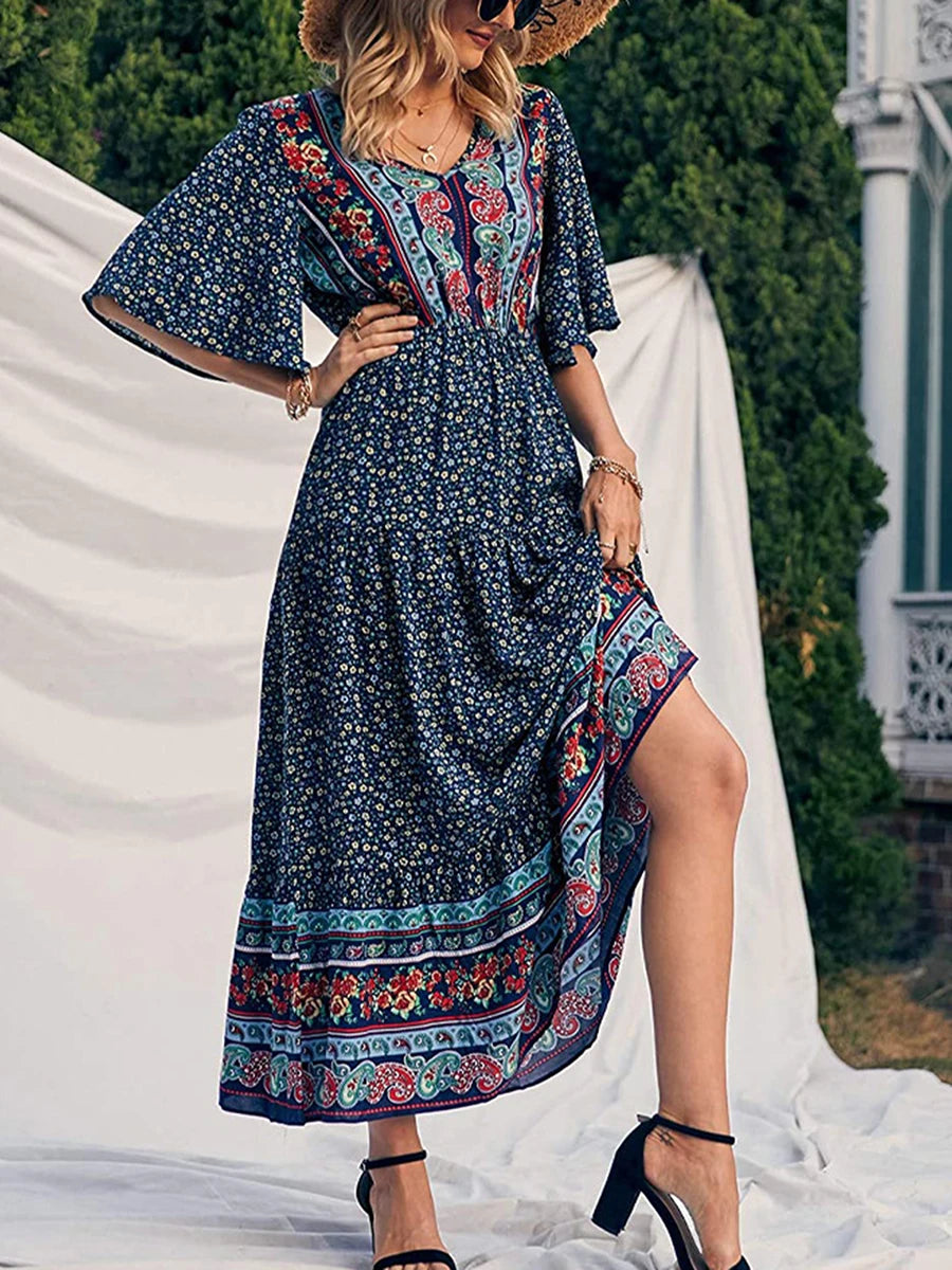 Robe Longue Bohème Imprimée Col V