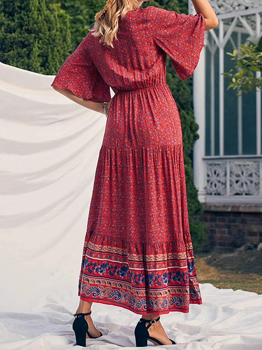 Robe Longue Bohème Imprimée Col V