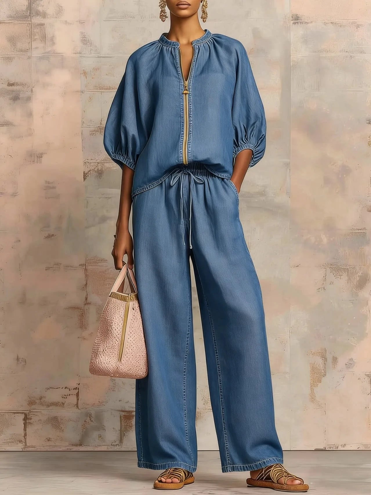 Ensemble 2 Pièces Col Rond Zippé & Pantalon Large