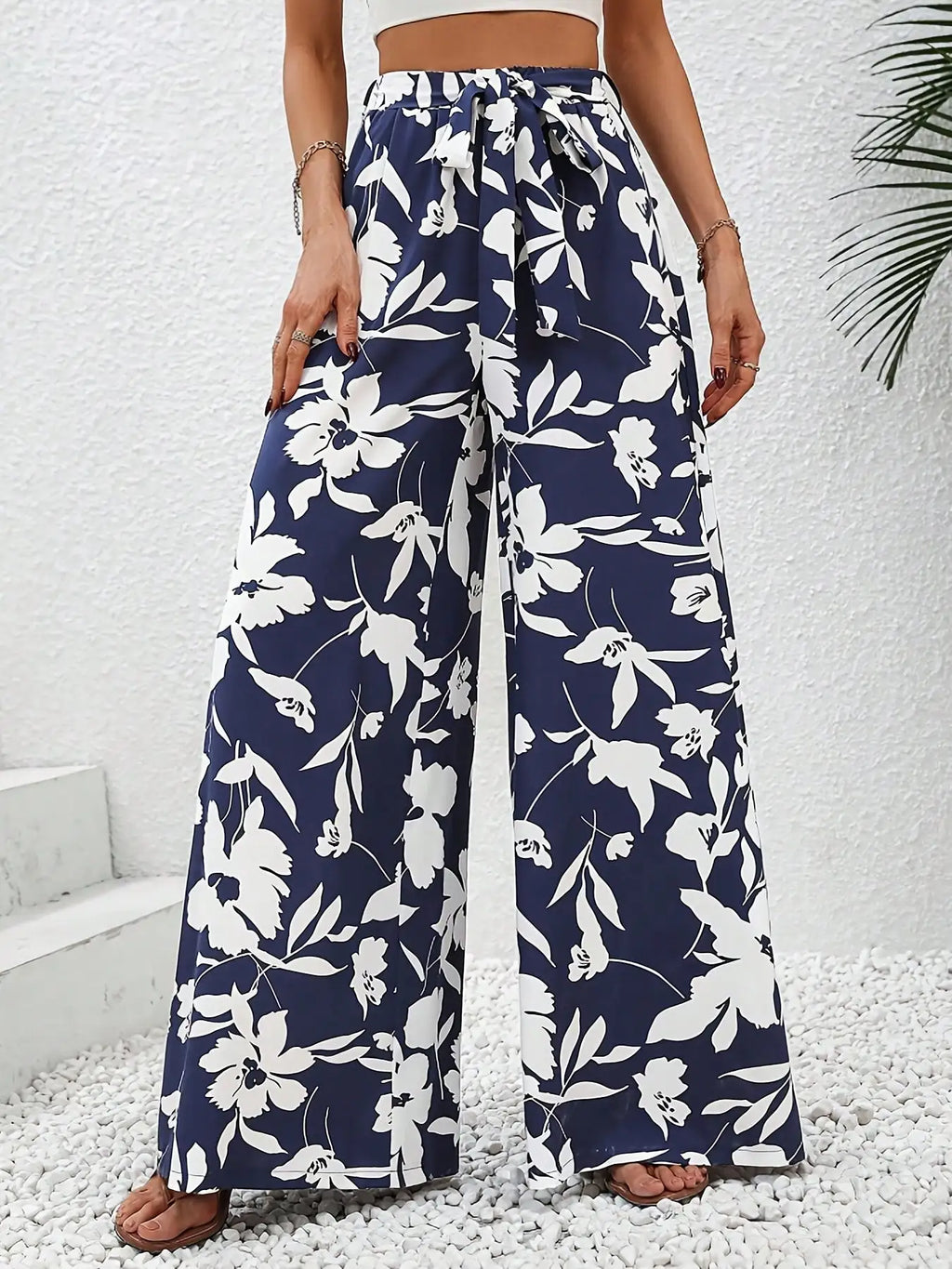 Pantalon Large Fleuri Taille Haute