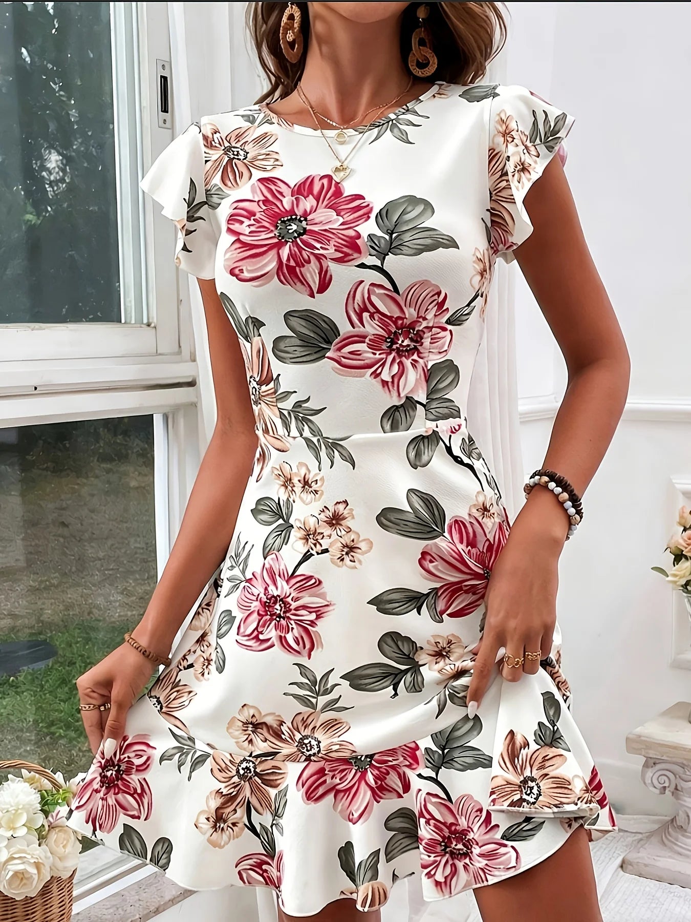 Robe Courte Satinée Fleurie Manches Bouffantes