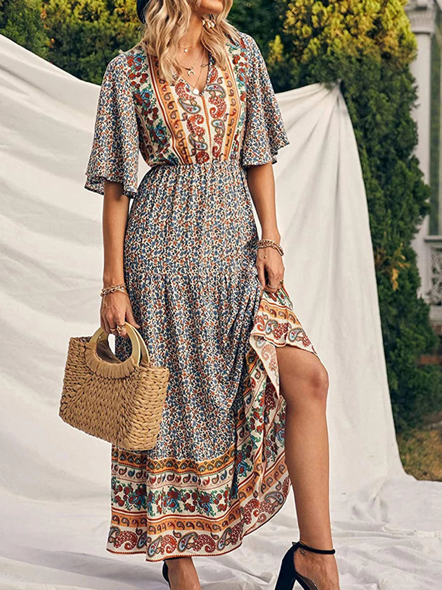 Robe Longue Bohème Imprimée Col V