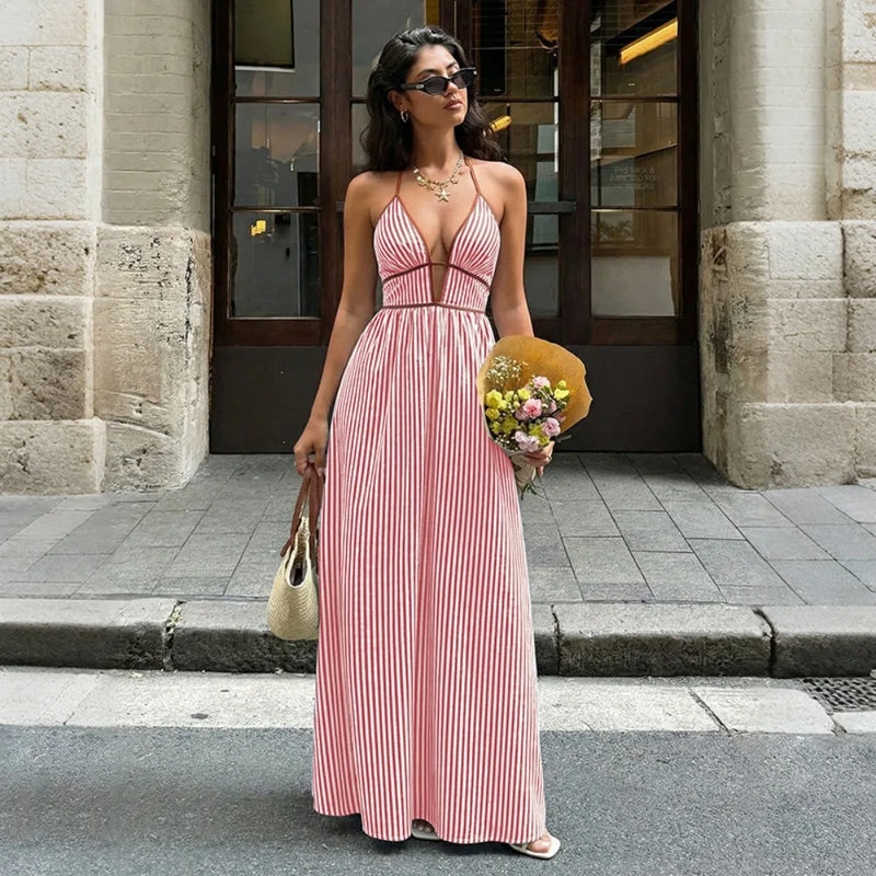 Robe Longue Rayée Dos Nu Col V